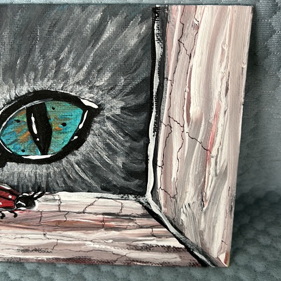 painting Cat eye 6x8 on board multi color whimsical ladybug - Picture 3 of 4